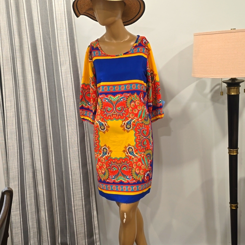 803 Women Knee Length Sheath 3/4 Sleeves Dress Blues & Yellows Paisley Print S